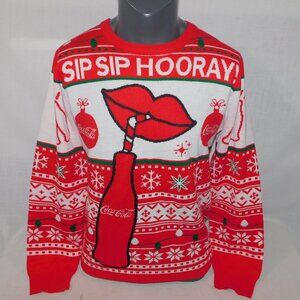 Coca Cola Red White SIP SIP HOORAY Fair Isle Knit Christmas Sweater Unisex M